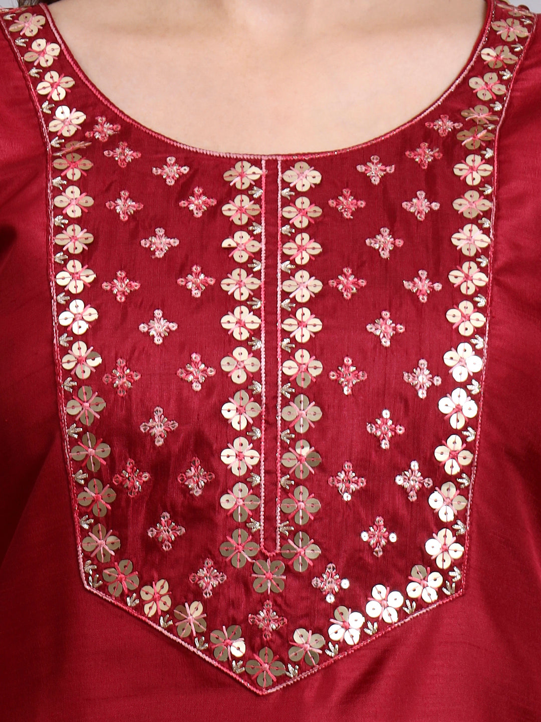 Maroon Embroidered Silk Kurti Set with Organza Dupatta