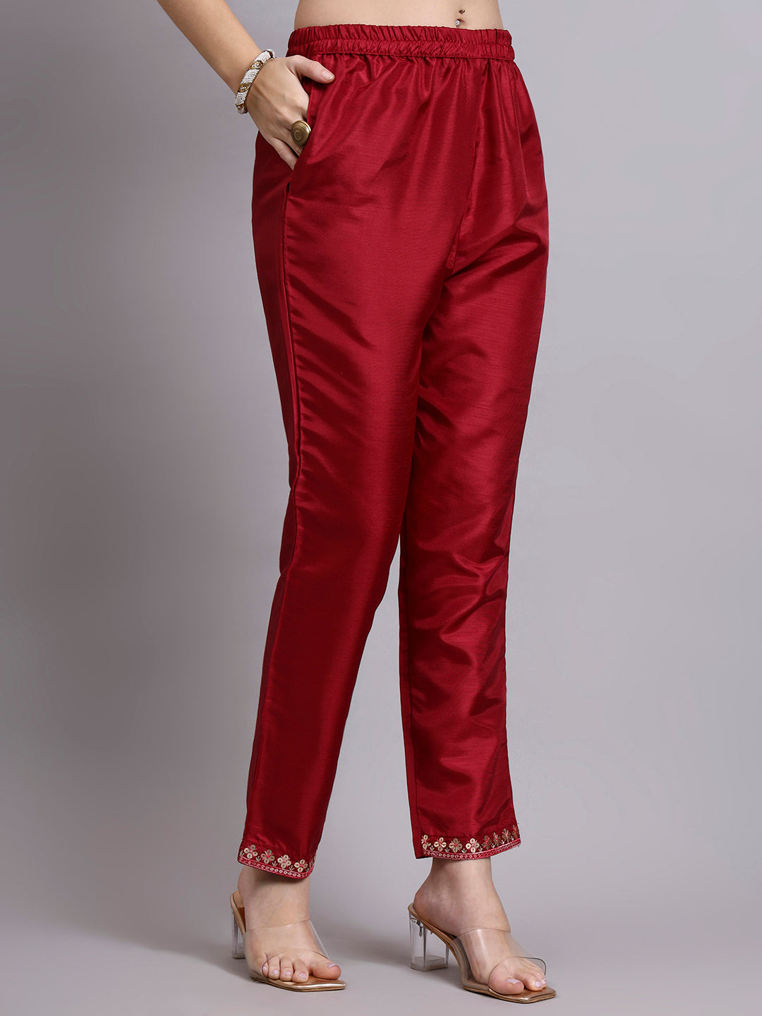 Maroon Embroidered Silk Kurti Set with Organza Dupatta