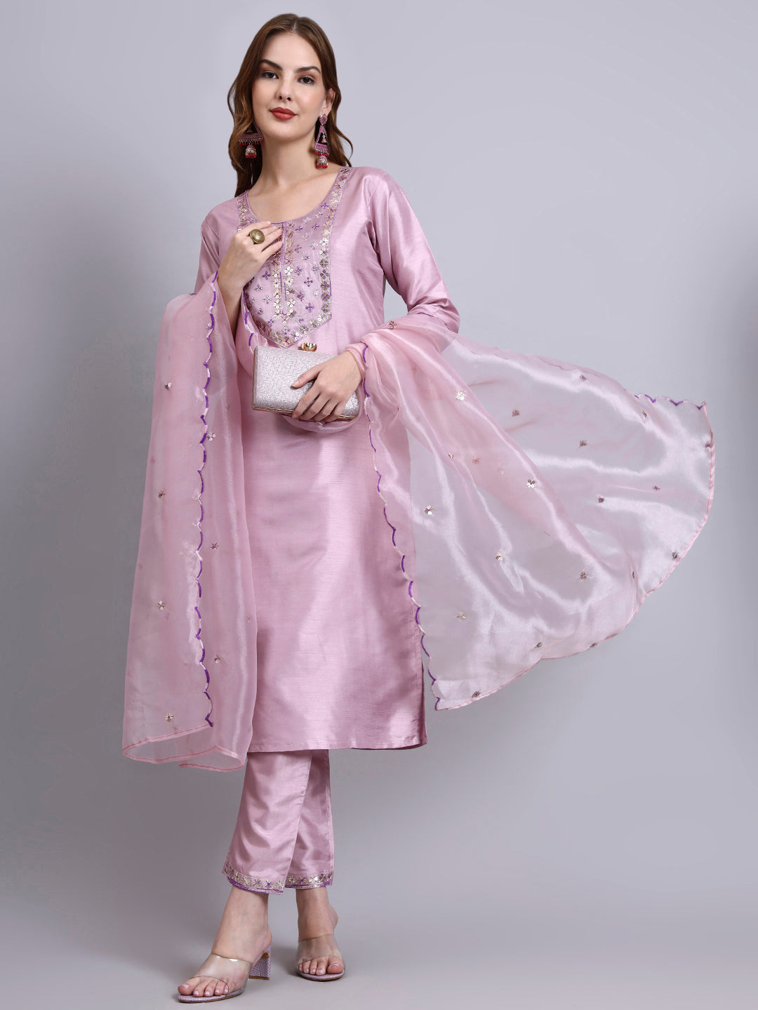 Embroidered Silk Kurti Set with Organza Dupatta