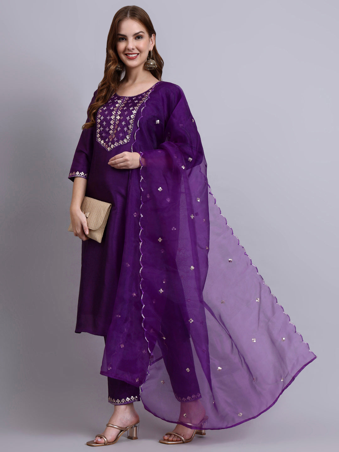 Embroidered Silk Kurti Set with Organza Dupatta