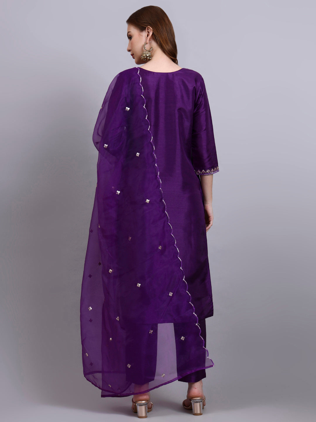Purple Embroidered Silk Kurti Set with Organza Dupatta