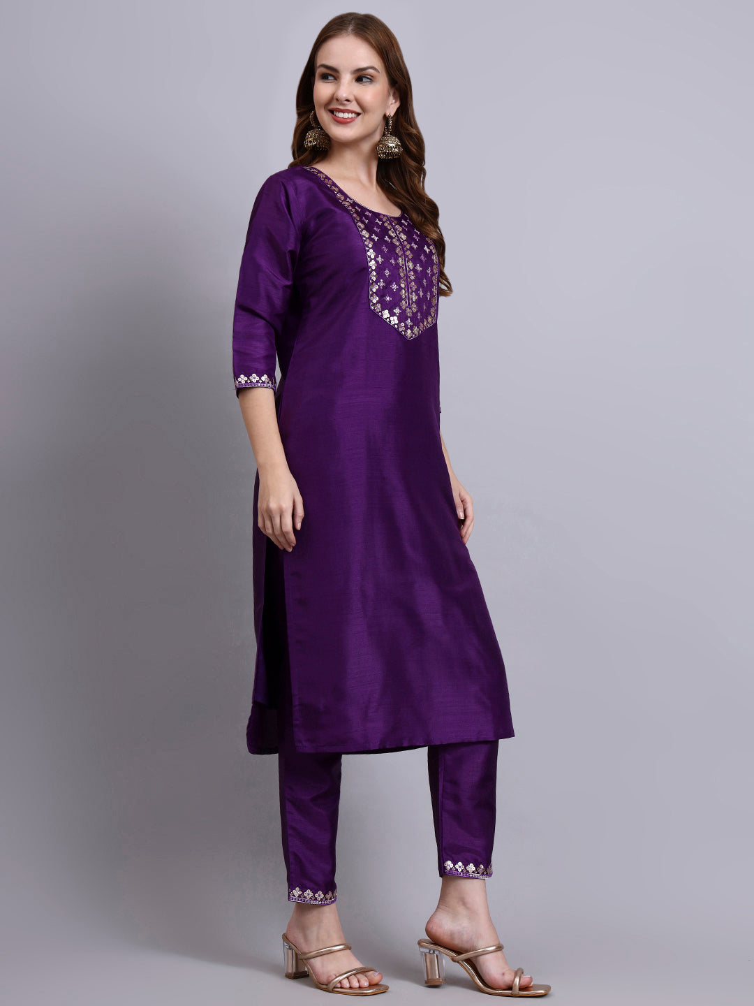 Purple Embroidered Silk Kurti Set with Organza Dupatta