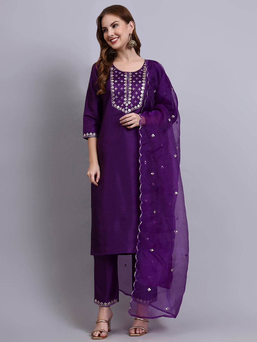 Purple Embroidered Silk Kurti Set with Organza Dupatta