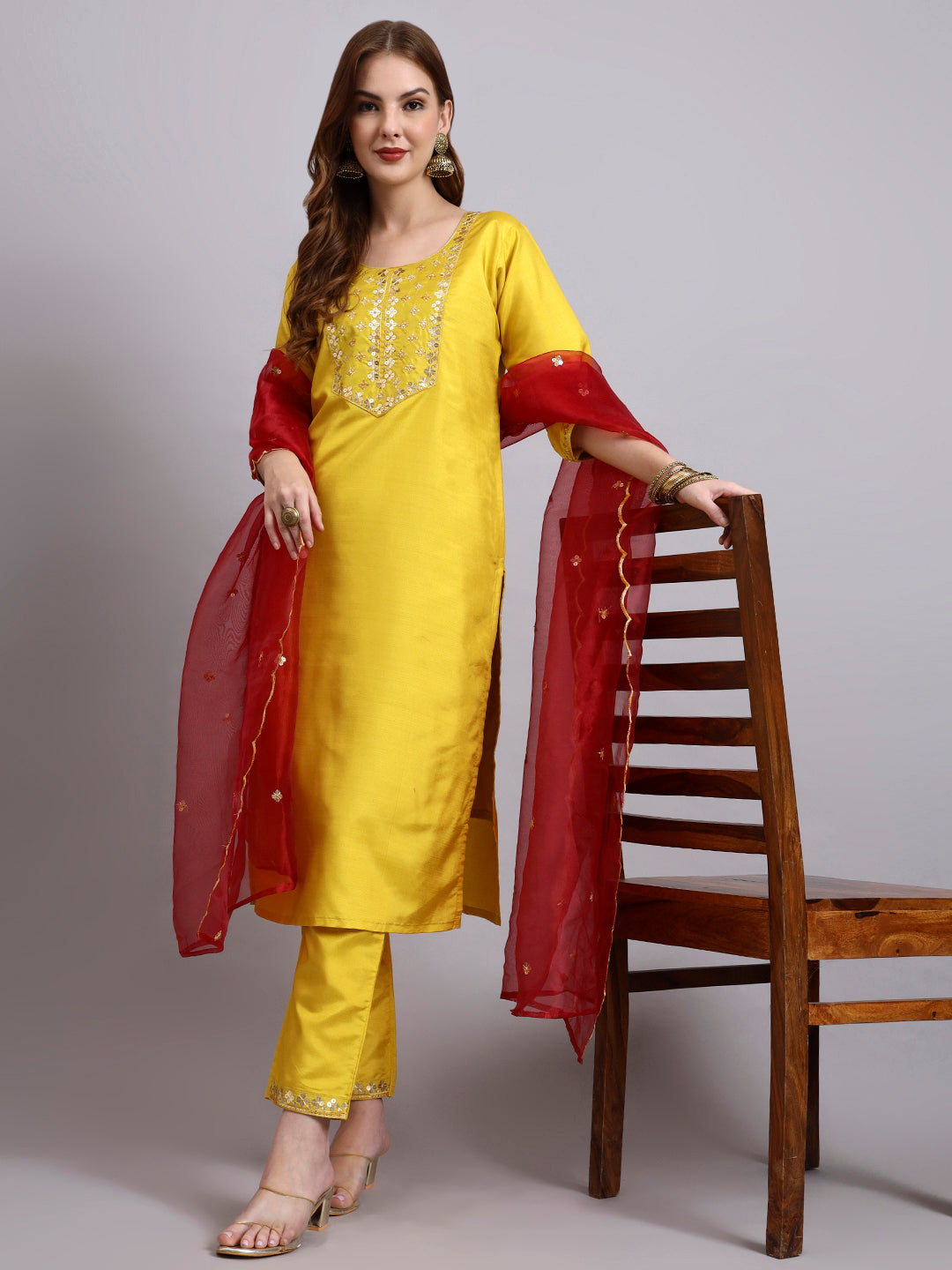 Embroidered Silk Kurti Set with Organza Dupatta