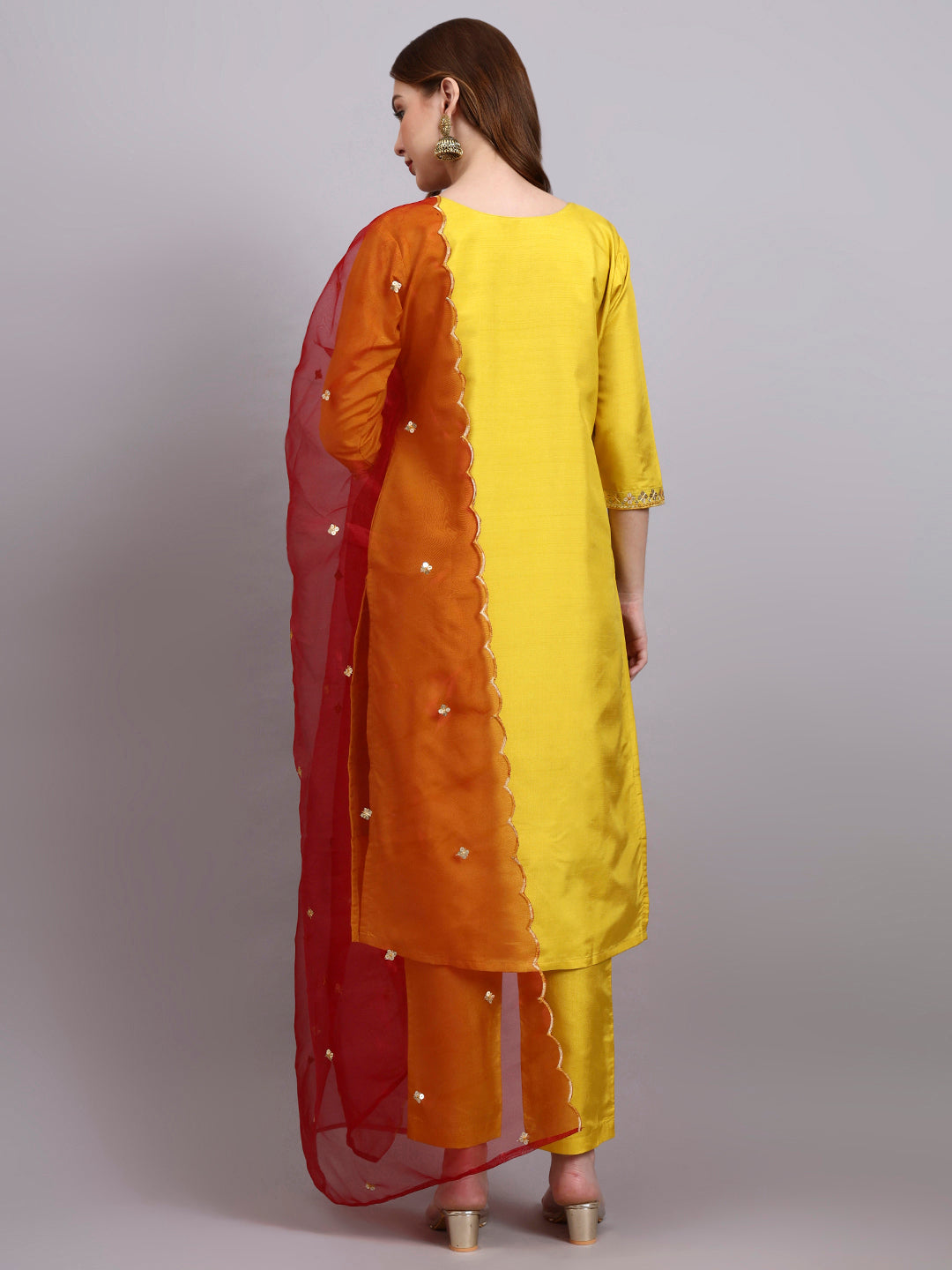 Yellow Embroidered Silk Kurti Set with Organza Dupatta