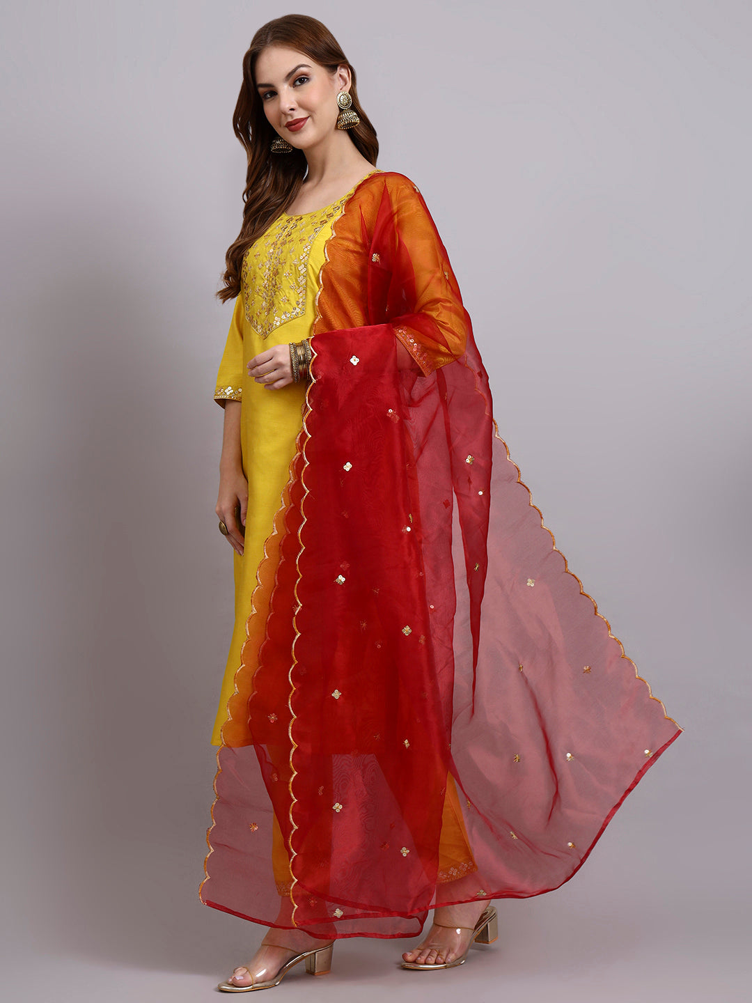 Yellow Embroidered Silk Kurti Set with Organza Dupatta