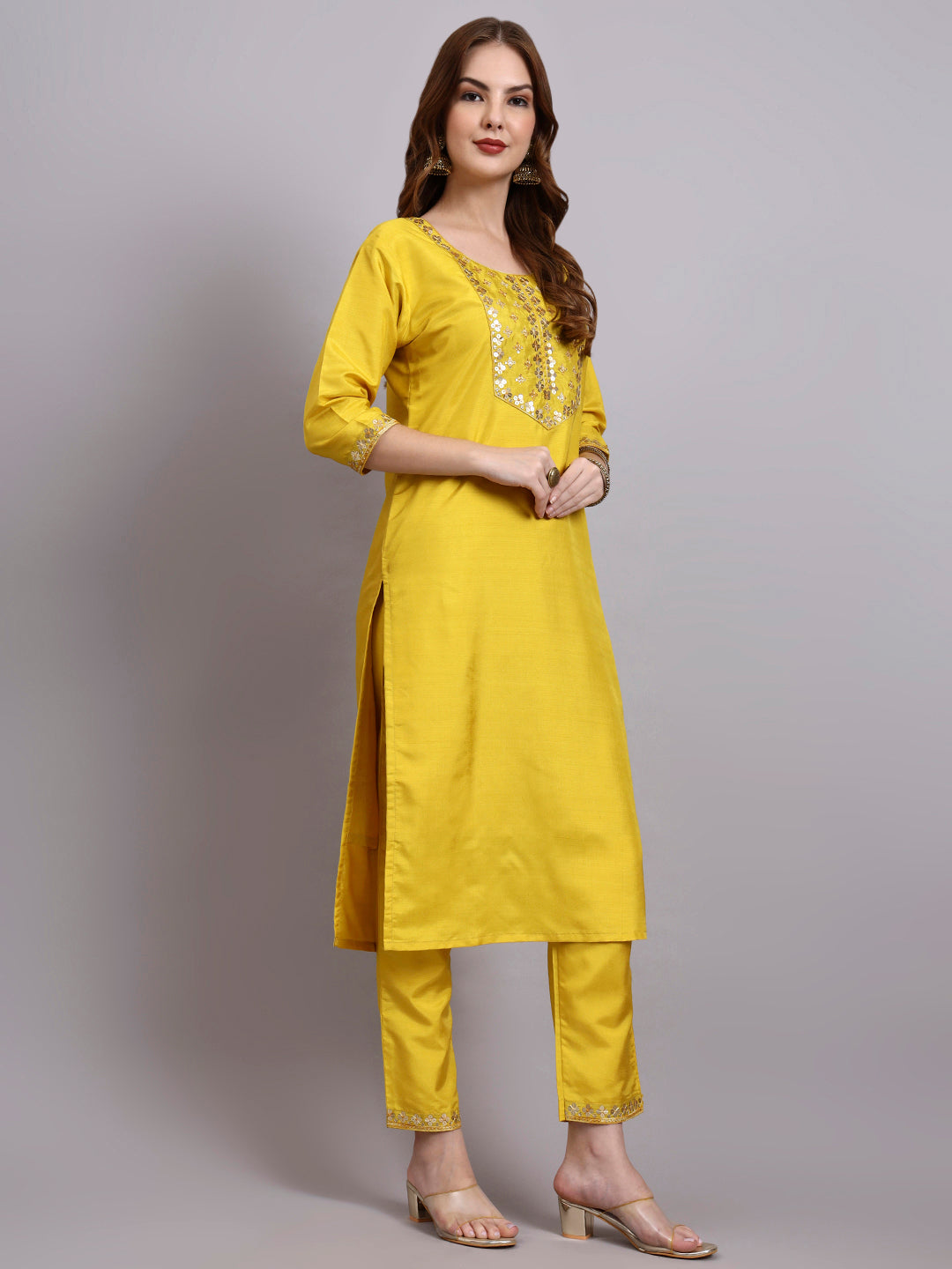Yellow Embroidered Silk Kurti Set with Organza Dupatta