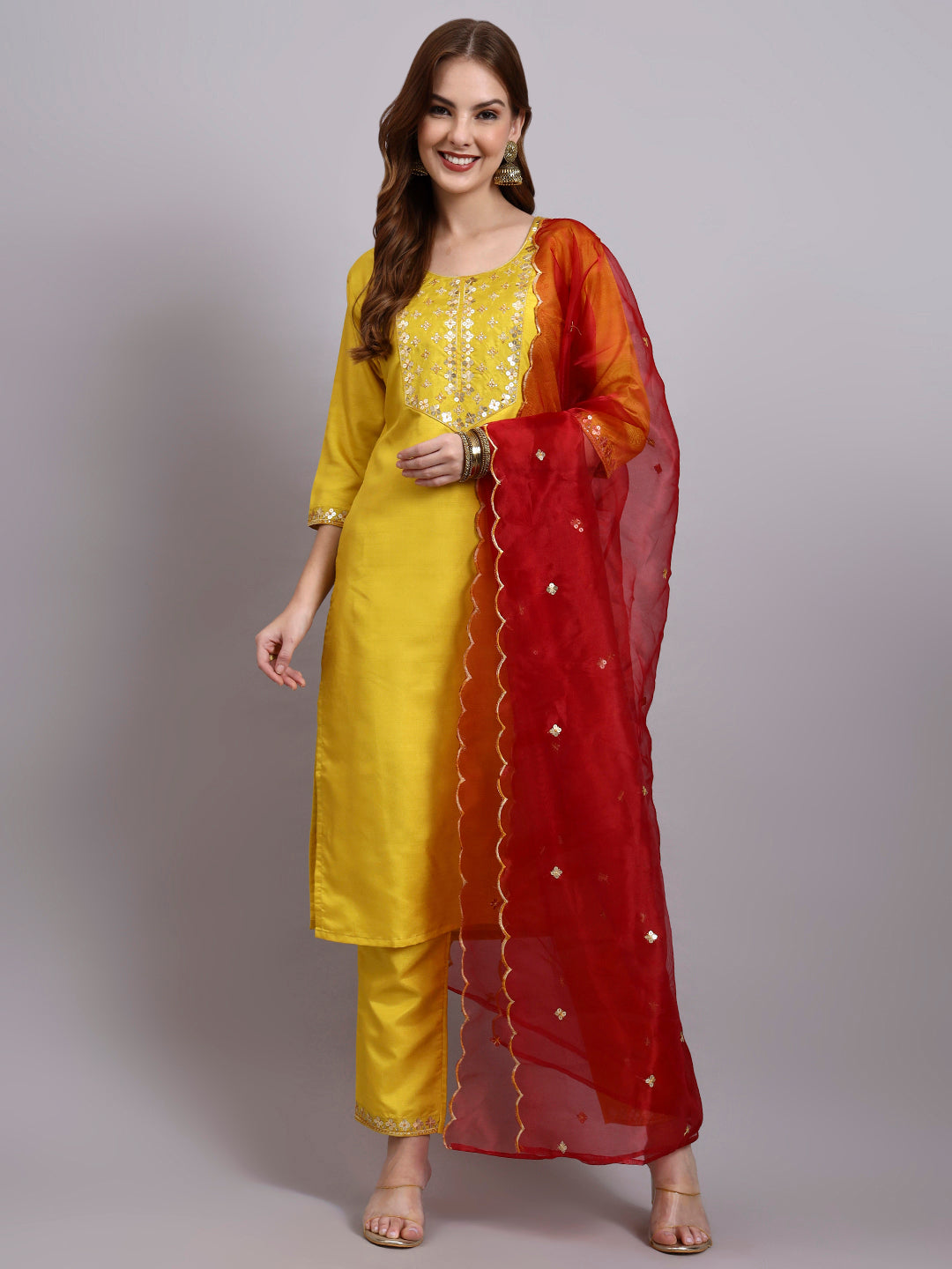 Yellow Embroidered Silk Kurti Set with Organza Dupatta