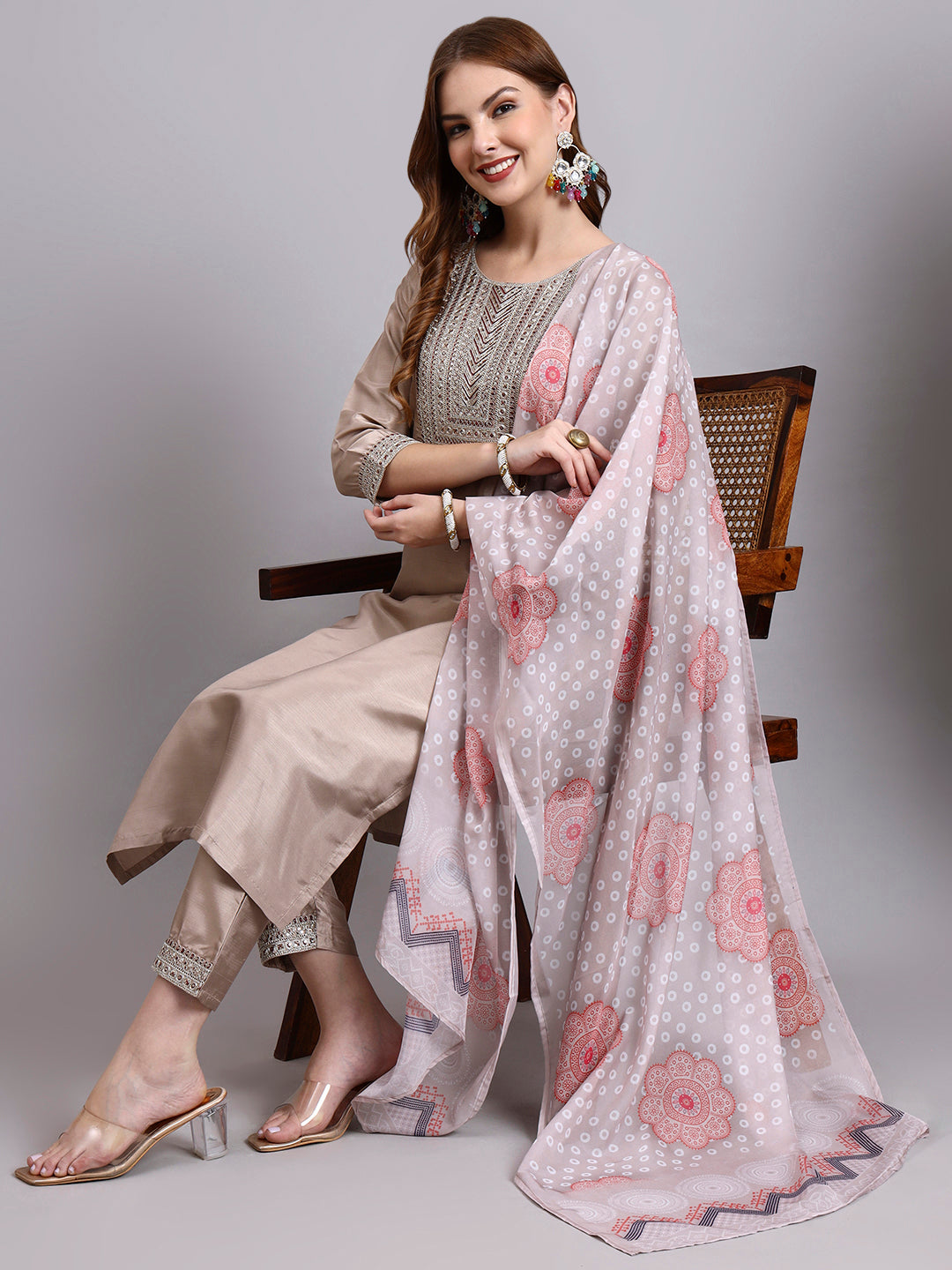 Biscuit Embroidered Kurti Set with Printed Dupatta