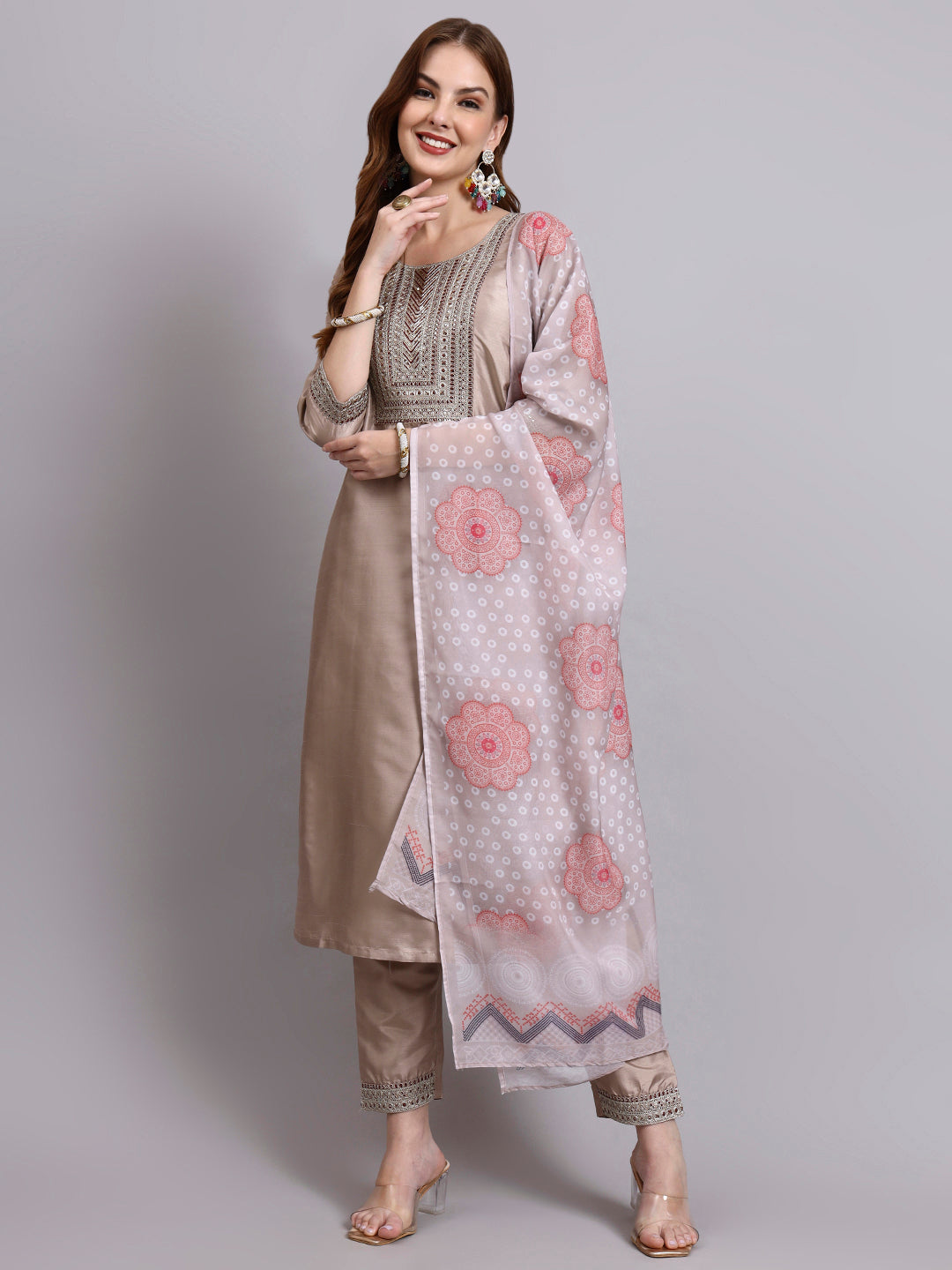 Purple Embroidered Kurti Set with Printed Dupatta