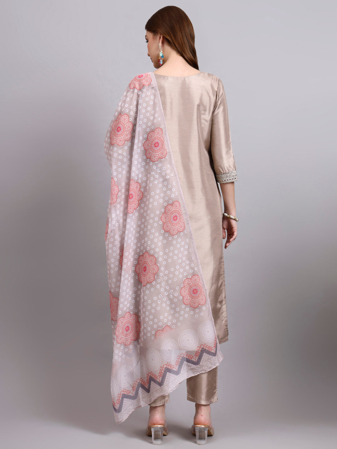 Biscuit Embroidered Kurti Set with Printed Dupatta