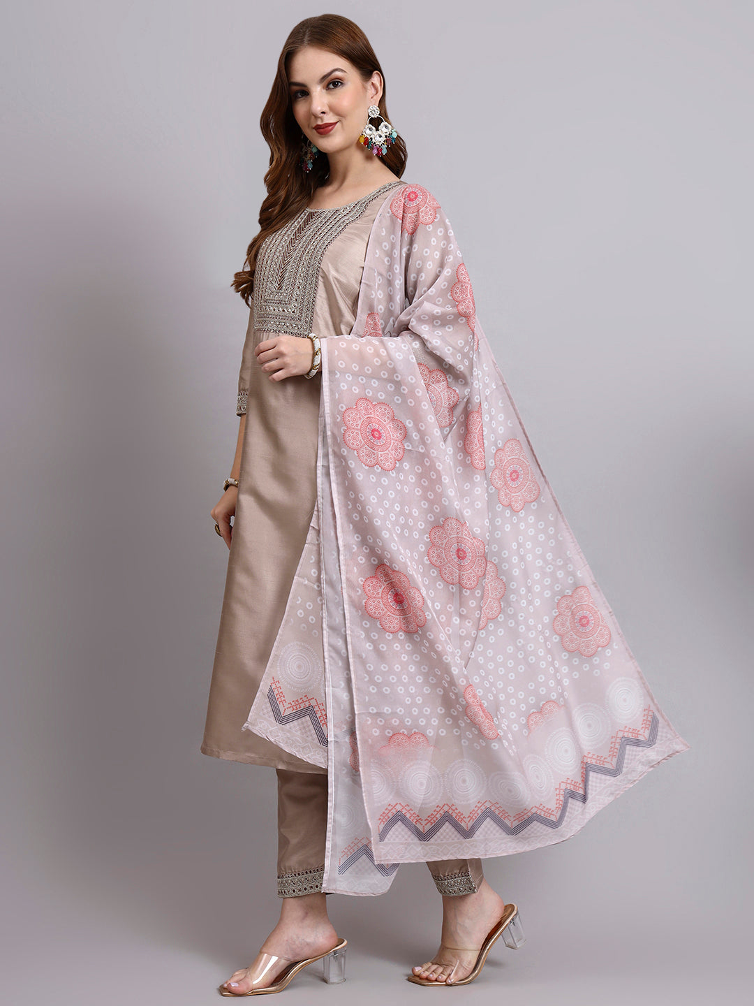 Biscuit Embroidered Kurti Set with Printed Dupatta