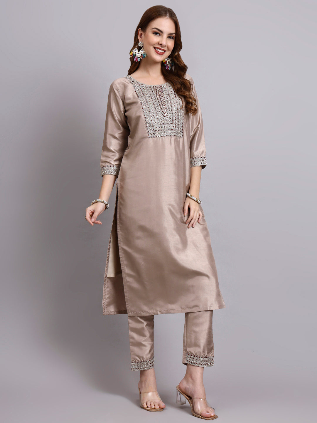 Biscuit Embroidered Kurti Set with Printed Dupatta