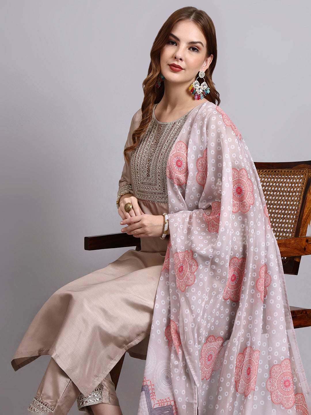 Biscuit Embroidered Kurti Set with Printed Dupatta