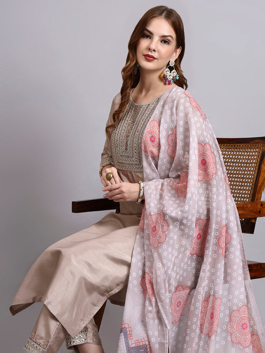 Biscuit Embroidered Kurti Set with Printed Dupatta