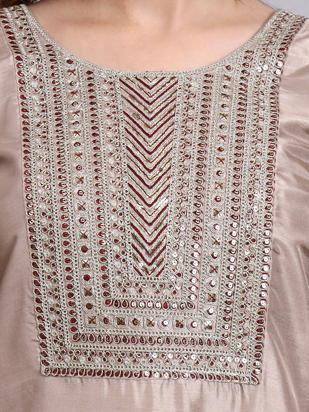 Biscuit Embroidered Kurti Set with Printed Dupatta