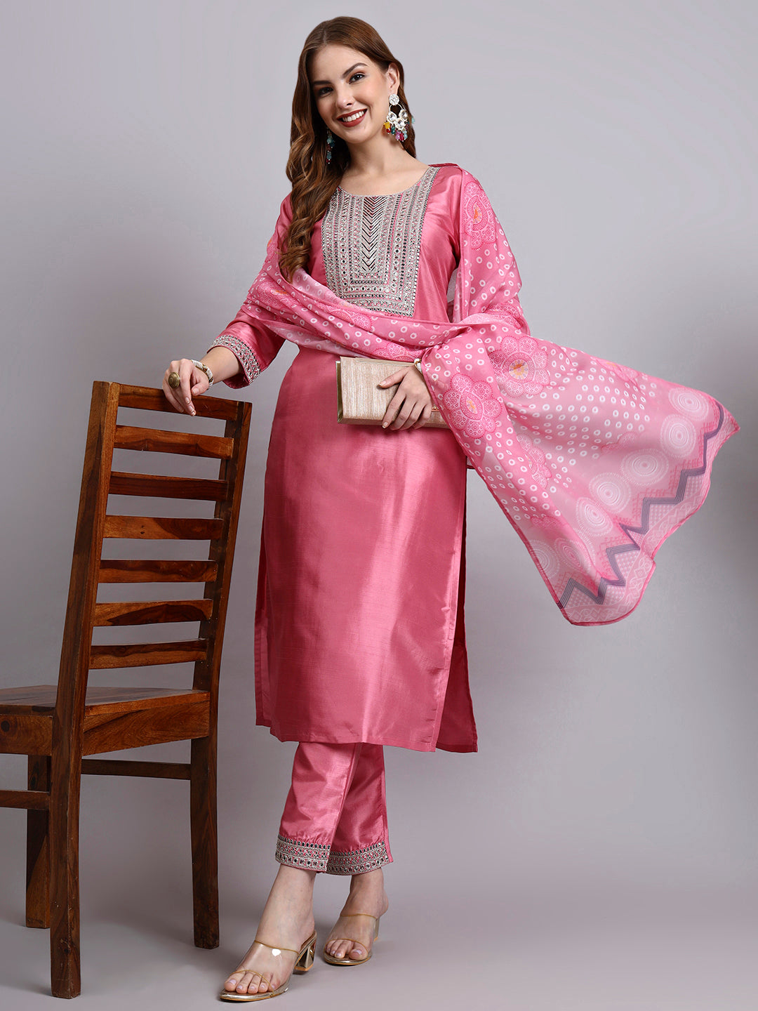 Purple Embroidered Kurti Set with Printed Dupatta