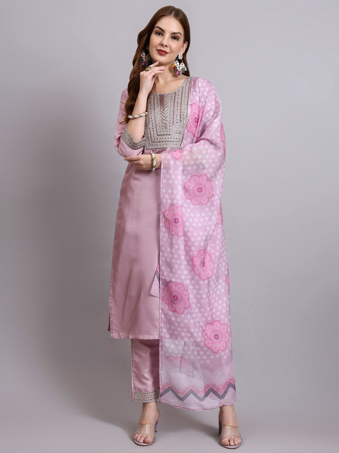 Purple Embroidered Kurti Set with Printed Dupatta