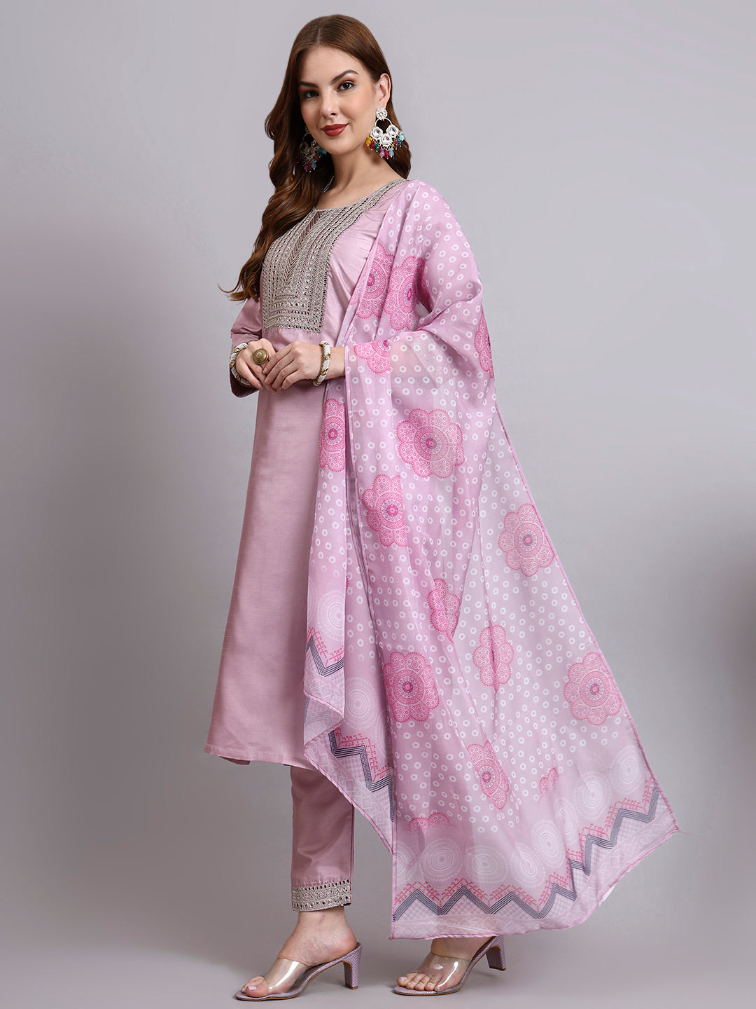 Pink Embroidered Kurti Set with Printed Dupatta