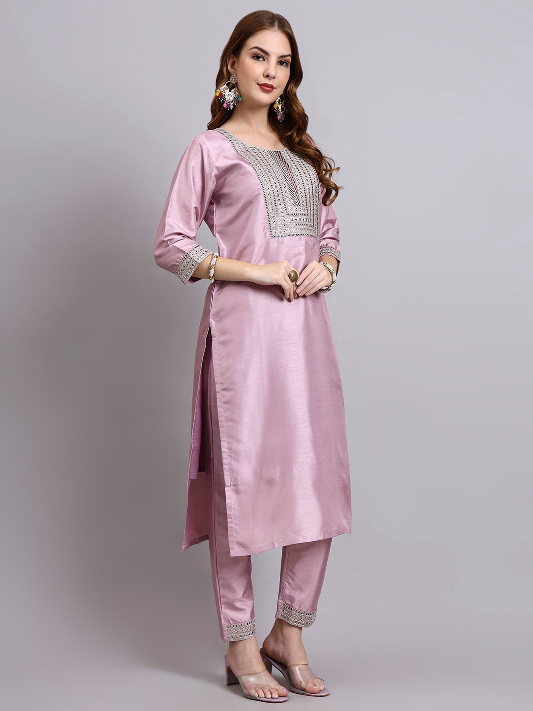 Pink Embroidered Kurti Set with Printed Dupatta