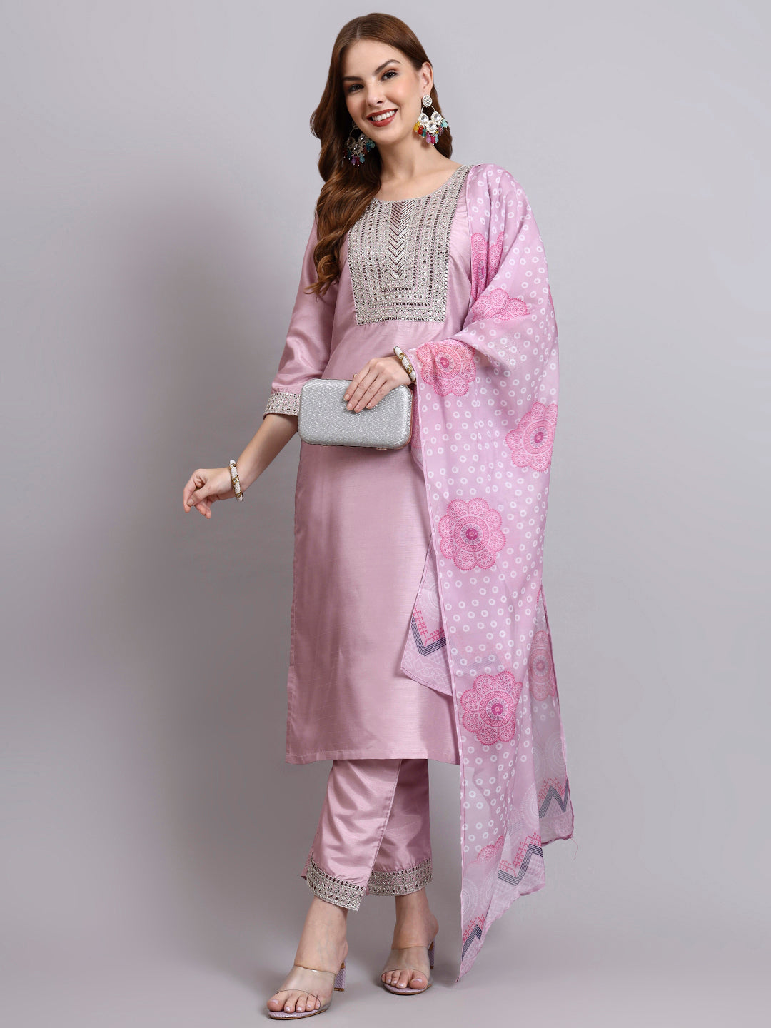 Pink Embroidered Kurti Set with Printed Dupatta