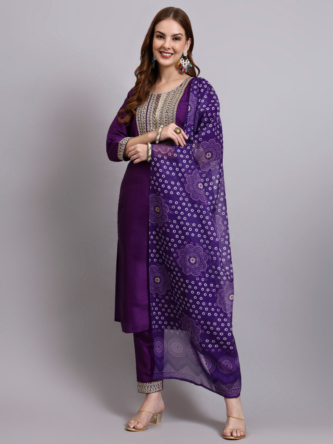 Purple Embroidered Kurti Set with Printed Dupatta