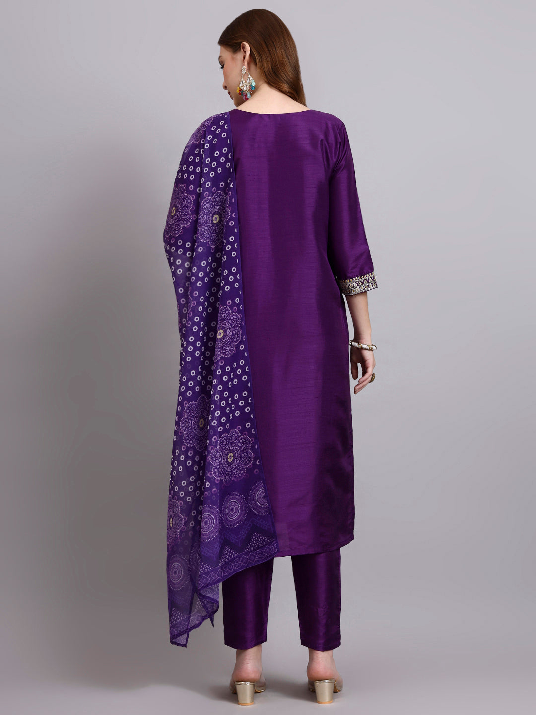 Purple Embroidered Kurti Set with Printed Dupatta