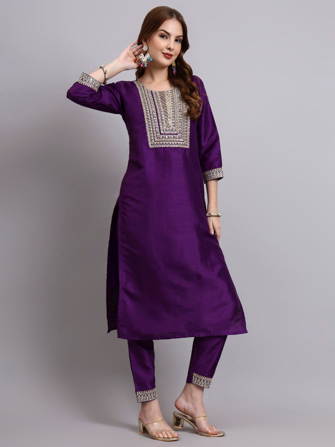 Purple Embroidered Kurti Set with Printed Dupatta
