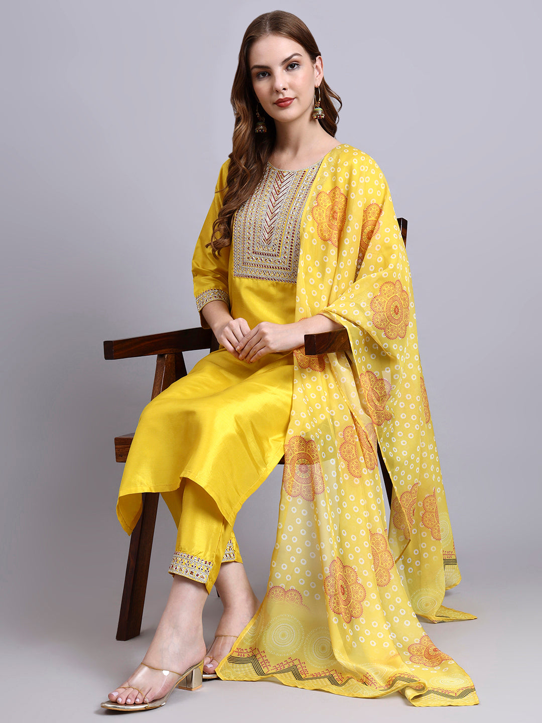 Yellow Embroidered Kurti Set with Printed Dupatta