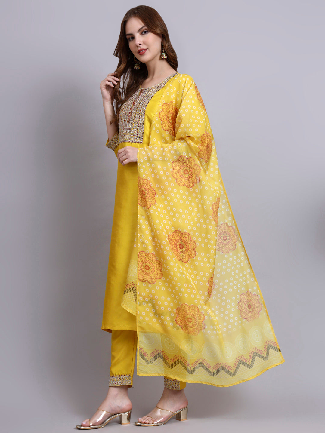 Yellow Embroidered Kurti Set with Printed Dupatta