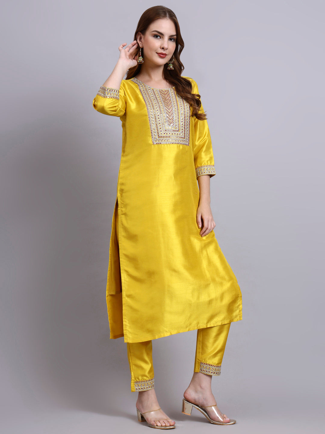 Yellow Embroidered Kurti Set with Printed Dupatta