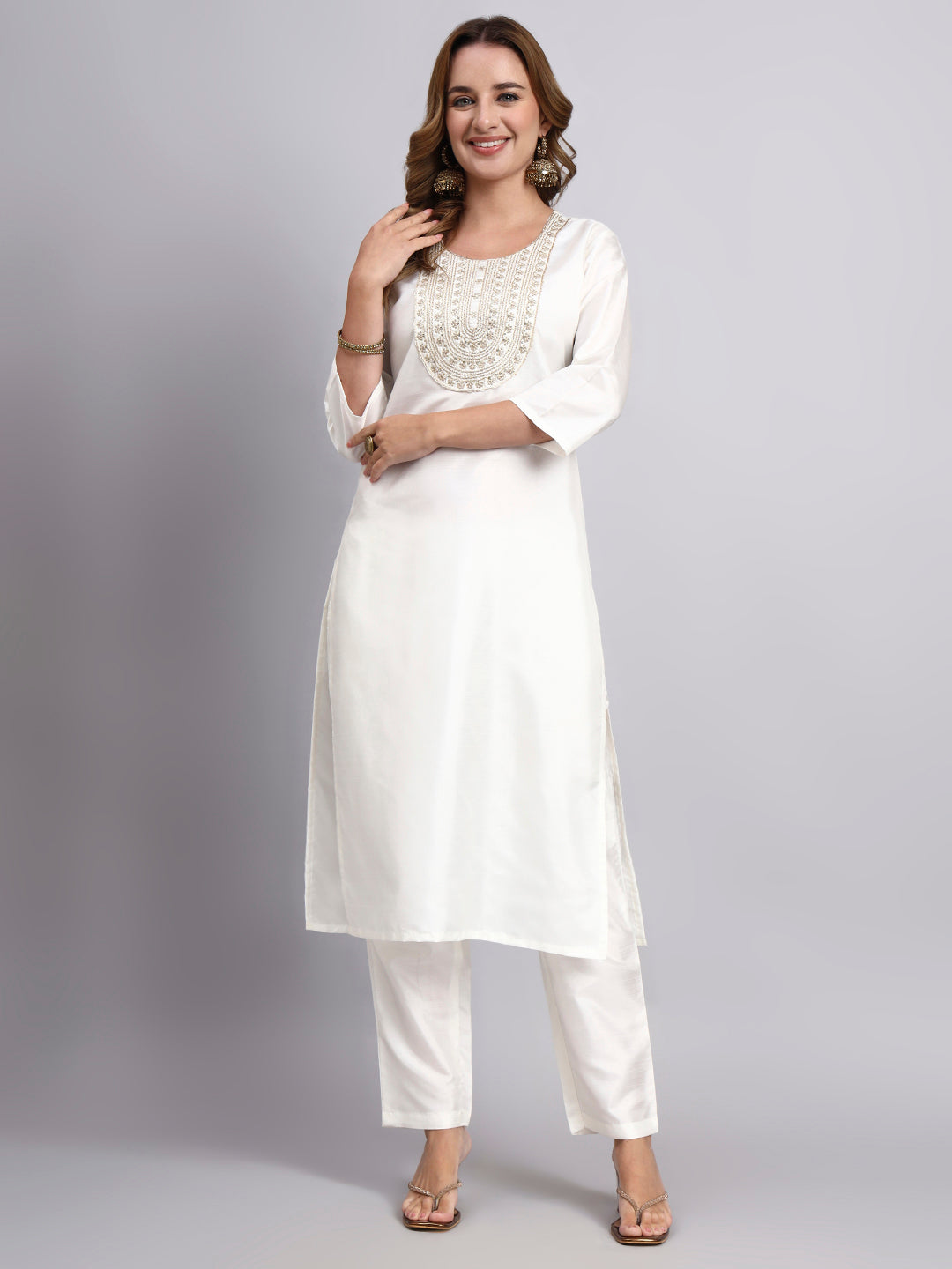 White Embroidered Kurti with Straight Pants