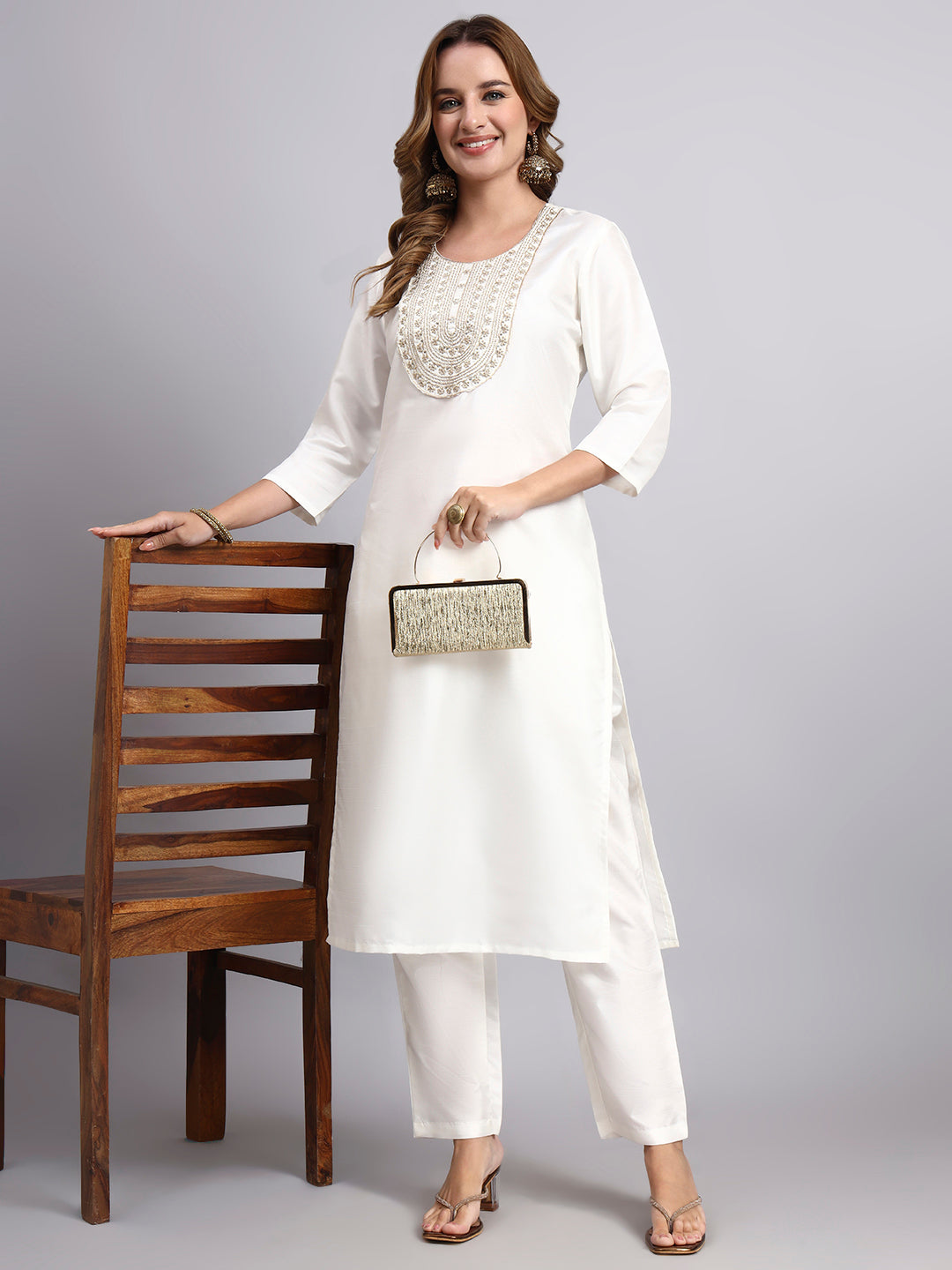 White Embroidered Kurti with Straight Pants