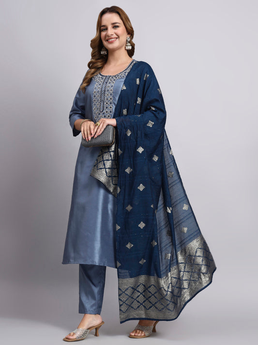 Steel Blue Kurti Set with Dupatta