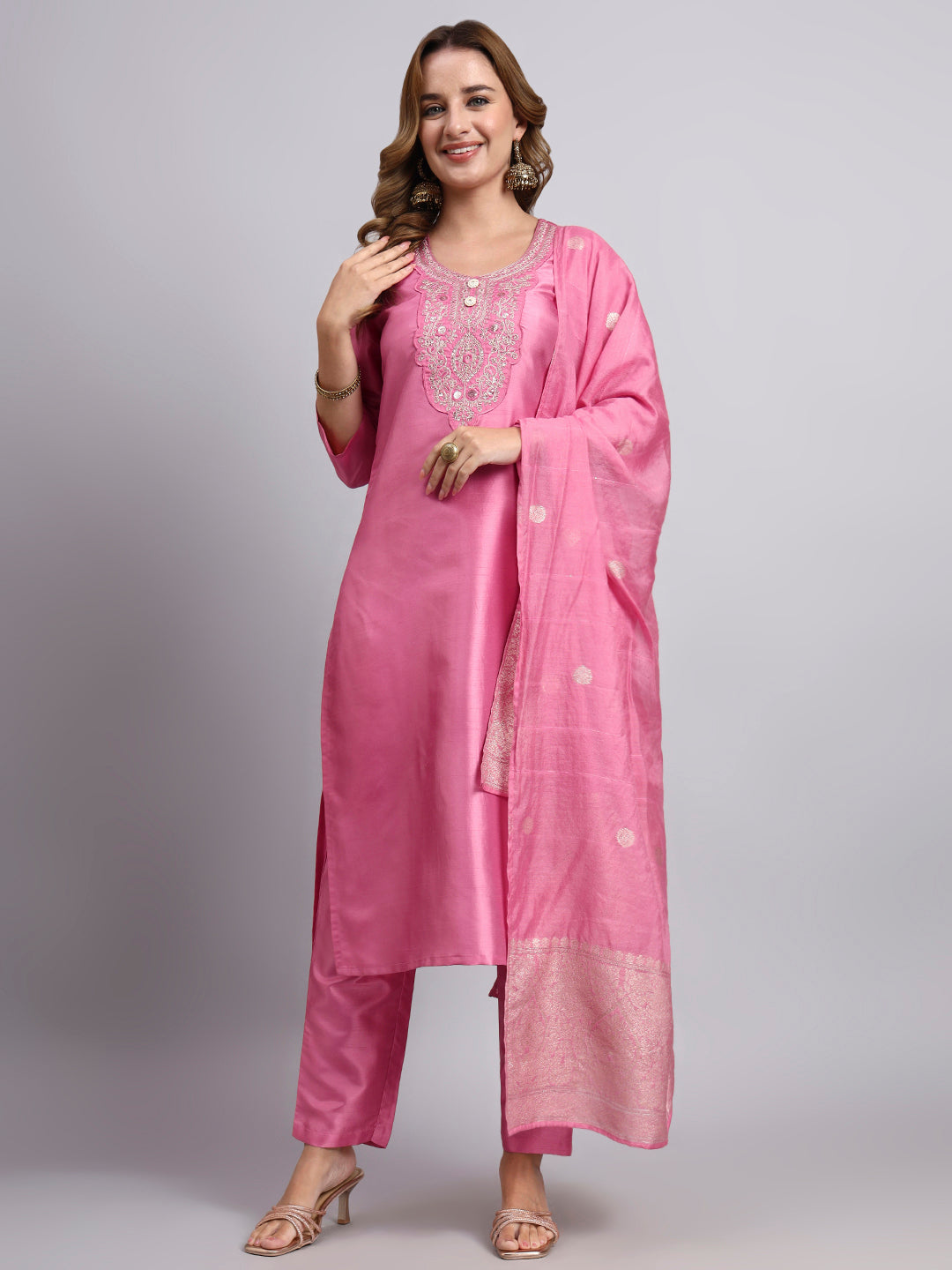 Pink Embroidered Kurti Set with Dupatta