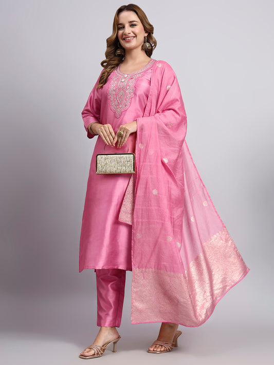 Pink Embroidered Kurti Set with Dupatta