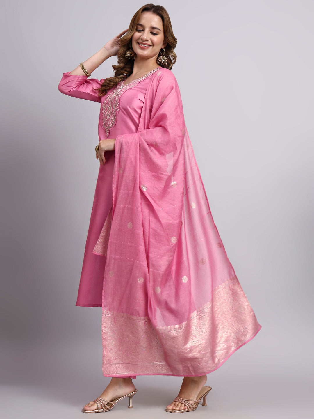 Pink Embroidered Kurti Set with Dupatta