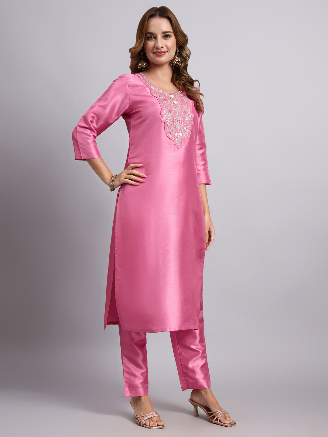 Pink Embroidered Kurti Set with Dupatta