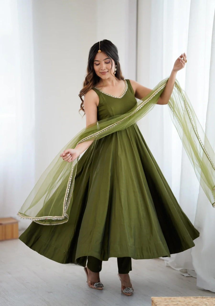 Mehndi Anarkali Set with Sheer Dupatta