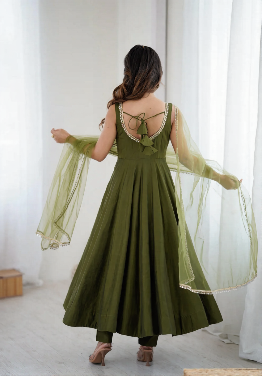 Mehndi Anarkali Set with Sheer Dupatta