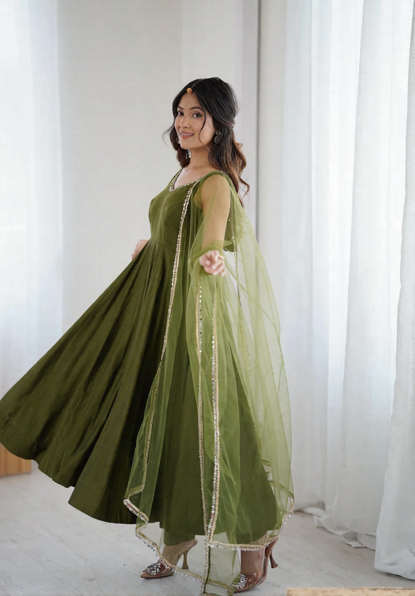 Mehndi Anarkali Set with Sheer Dupatta