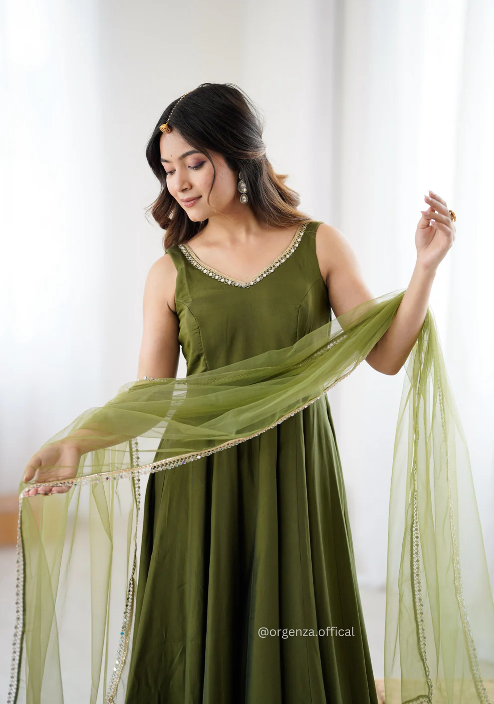 Mehndi Anarkali Set with Sheer Dupatta