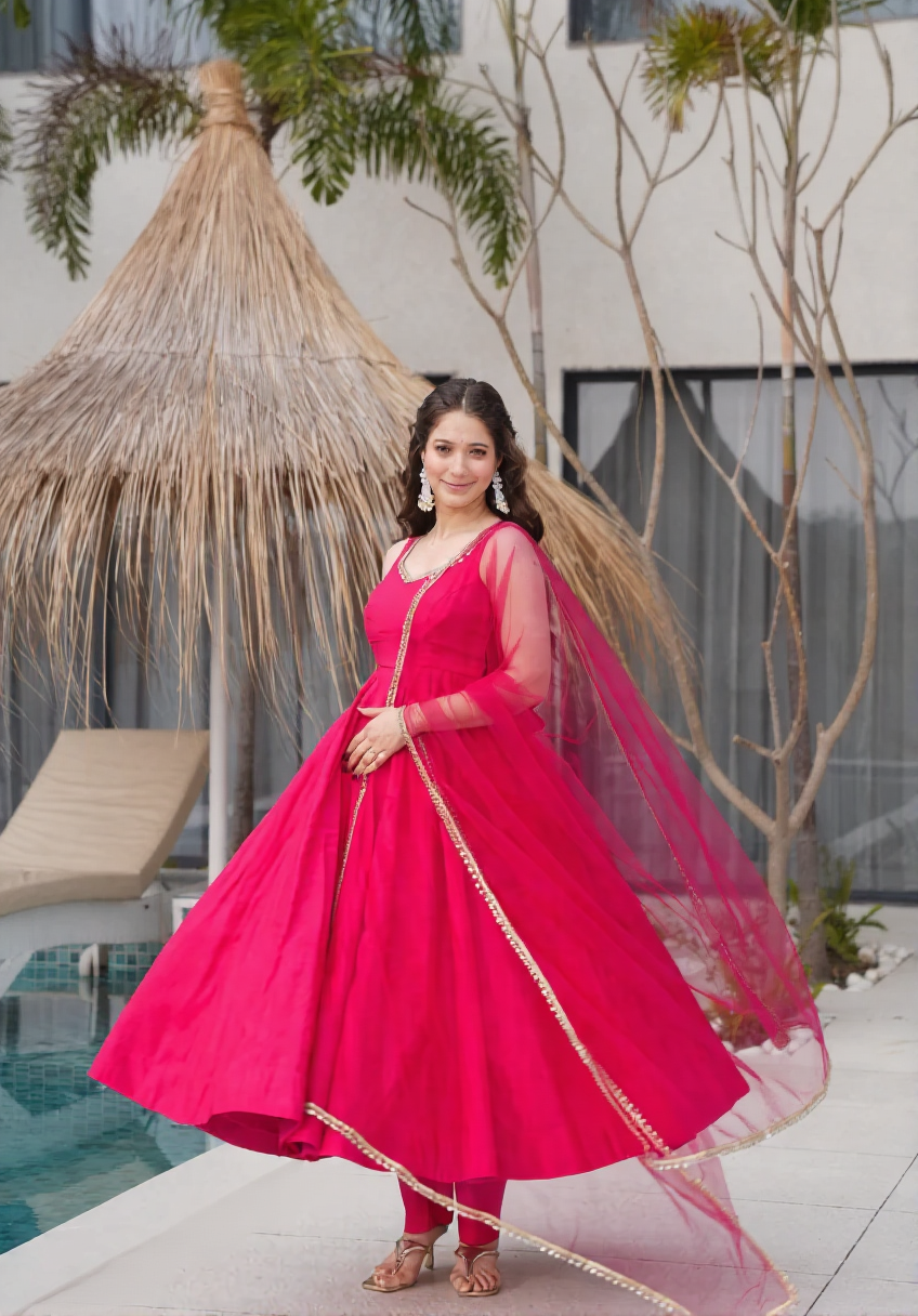 Rani Anarkali Set with Sheer Dupatta