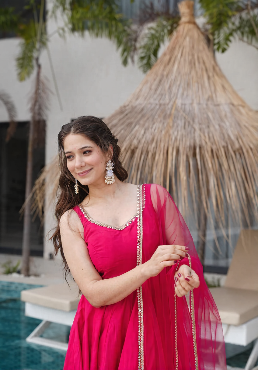 Rani Anarkali Set with Sheer Dupatta