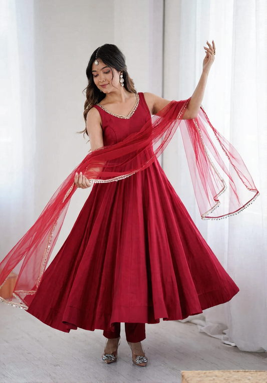 Red Anarkali Set with Sheer Dupatta
