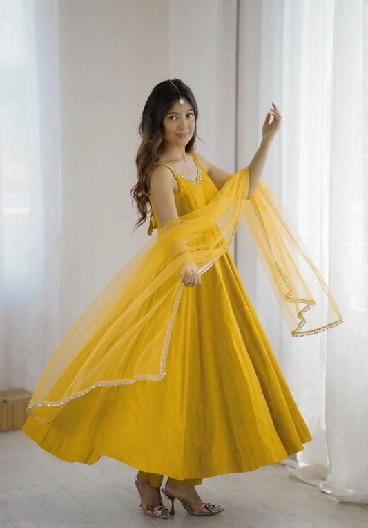 Yellow Anarkali Set with Sheer Dupatta
