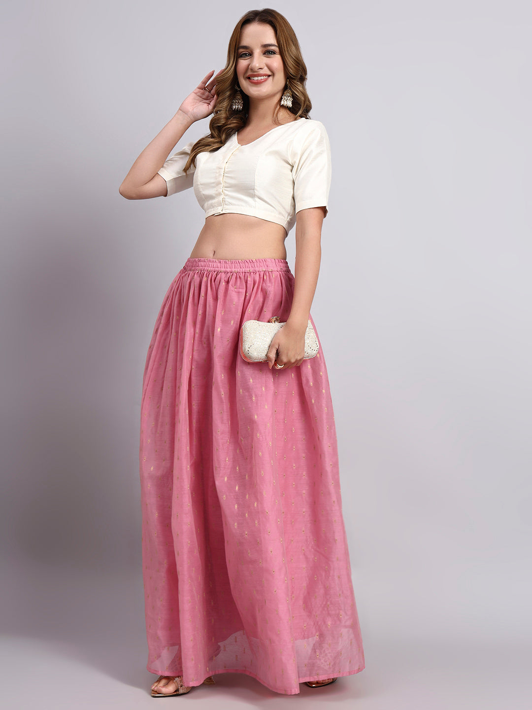 Pink Foil Print Flared Skirt