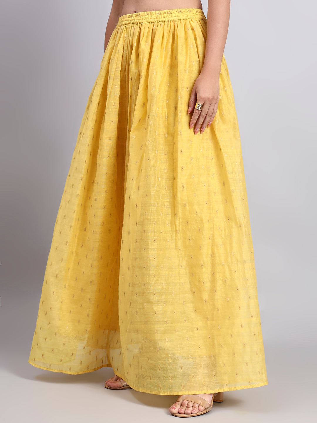 Women's Yellow Chanderi Jacquard Silk Zari Butti Flared Lehenga Skirt | Elastic Waist