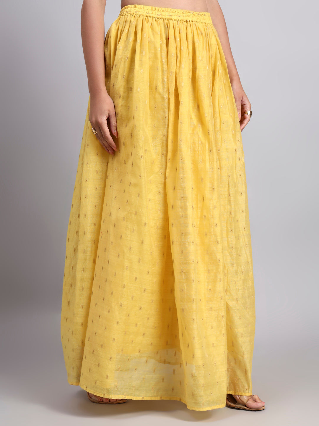 Women's Yellow Chanderi Jacquard Silk Zari Butti Flared Lehenga Skirt | Elastic Waist