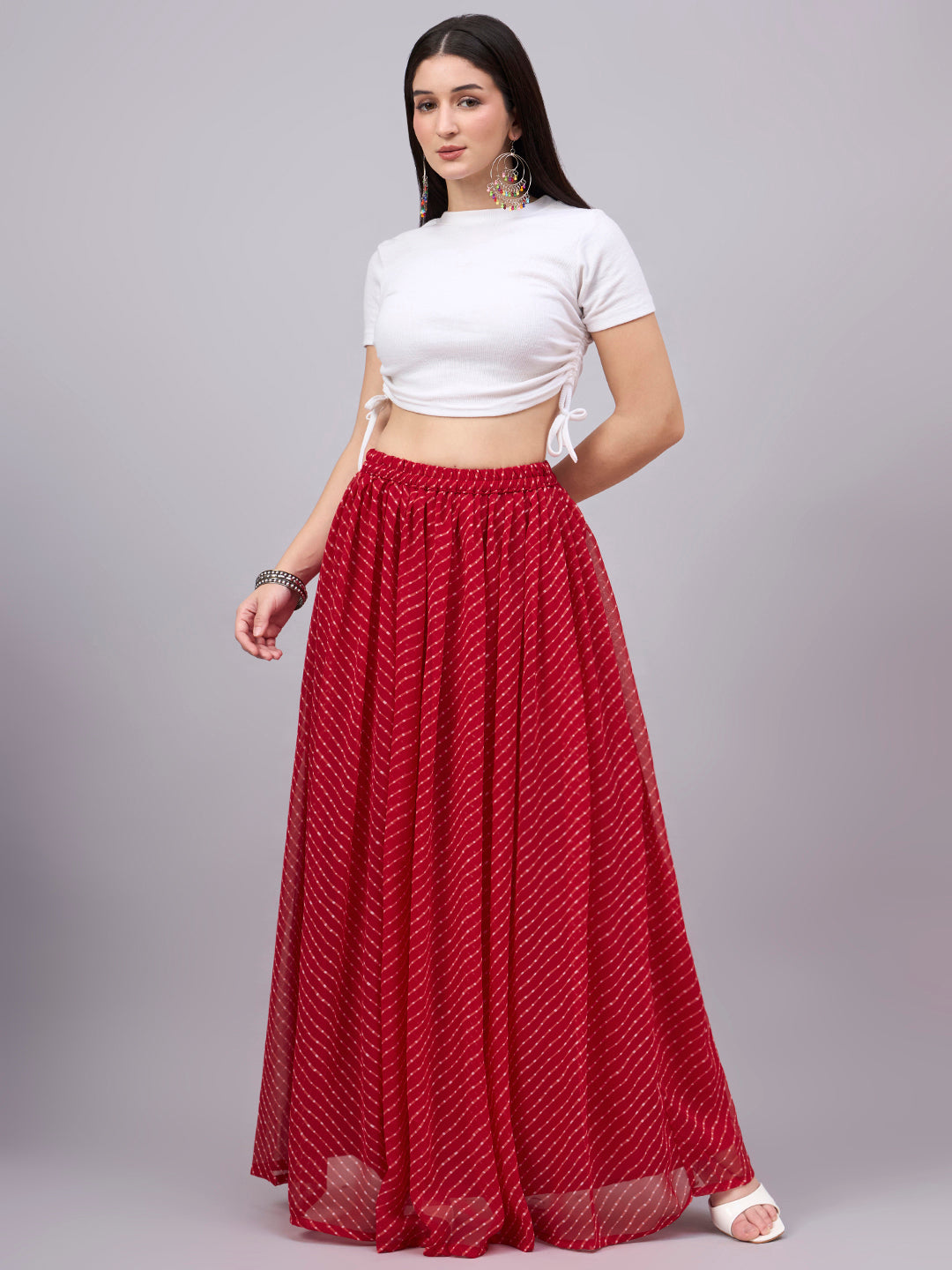 Red Leheriya Poly Georgette Maxi Skirt